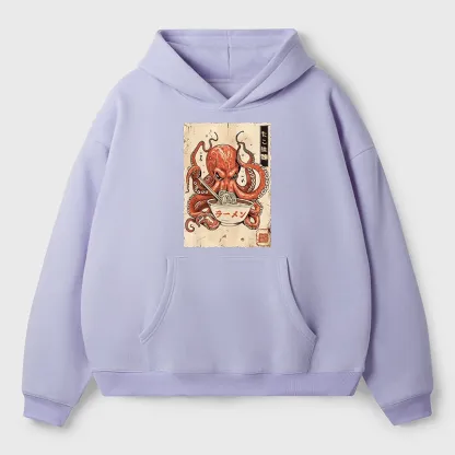 Tokyo-Tiger Retro Octopus Eating Ramen Aldult Fleece Hoodie