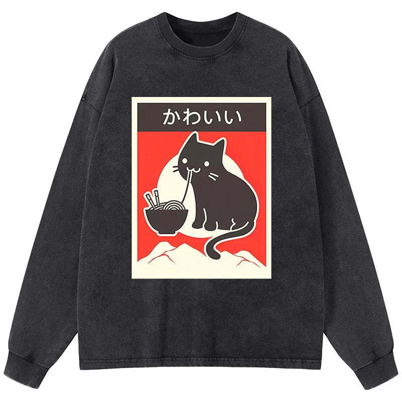 Tokyo-Tiger "Kawaii" Vintage Style Japenese Ramen Cat Washed Long Sleeve T-Shirt-tokyo-tiger