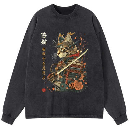 Tokyo-Tiger Cat Samurai Japanese Art Washed Long Sleeve T-Shirt