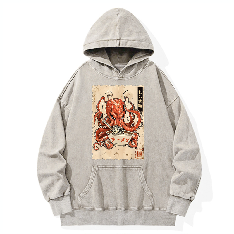 Tokyo-Tiger Retro Octopus Eating Ramen Washed Hoodie