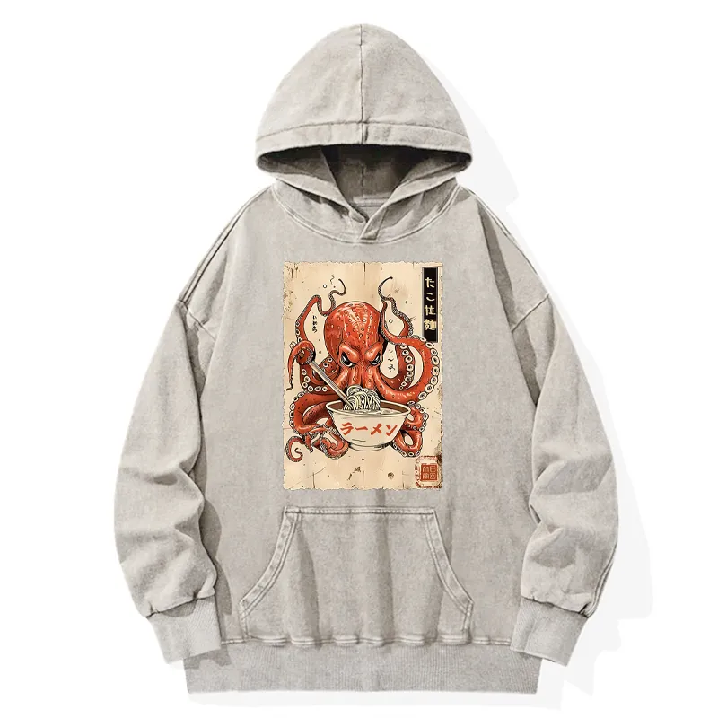 Tokyo-Tiger Retro Octopus Eating Ramen Washed Hoodie