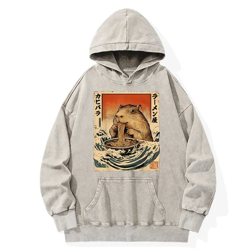 Tokyo-Tiger Hamster Eating Ramen Washed Hoodie