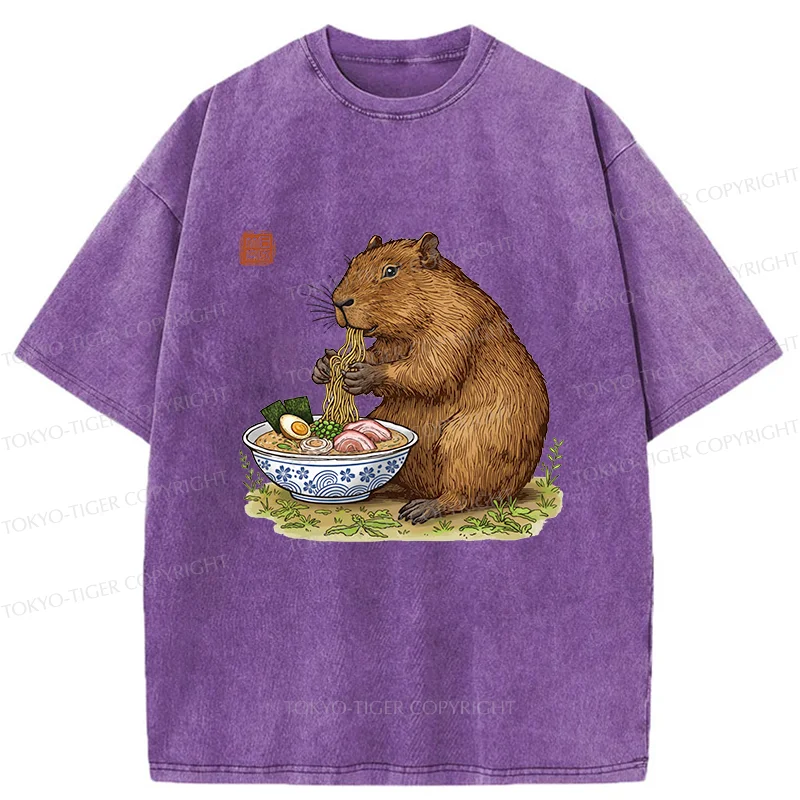 Tokyo-Tiger Capybara Eating Delicious Ramen Washed T-Shirt