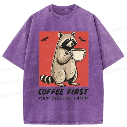 Tokyo-Tiger Raccoon Drinking Coffee Washed T-Shirt