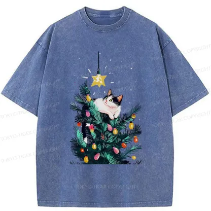 Tokyo-Tiger Cute Christmas Cat Washed T-Shirt