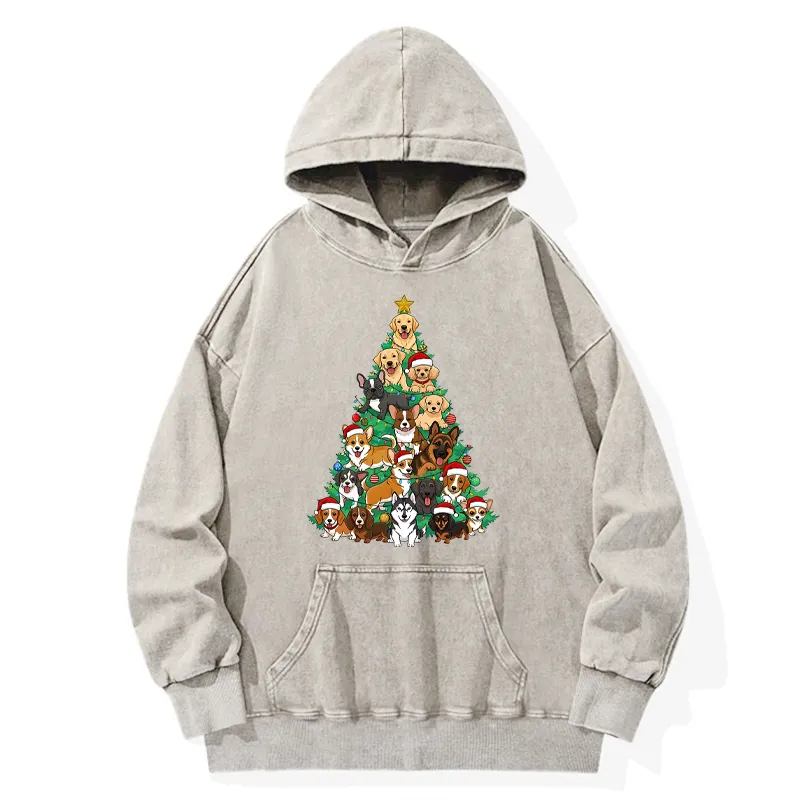 Tokyo-Tiger Christmas Tree Dog Funny Washed Hoodie