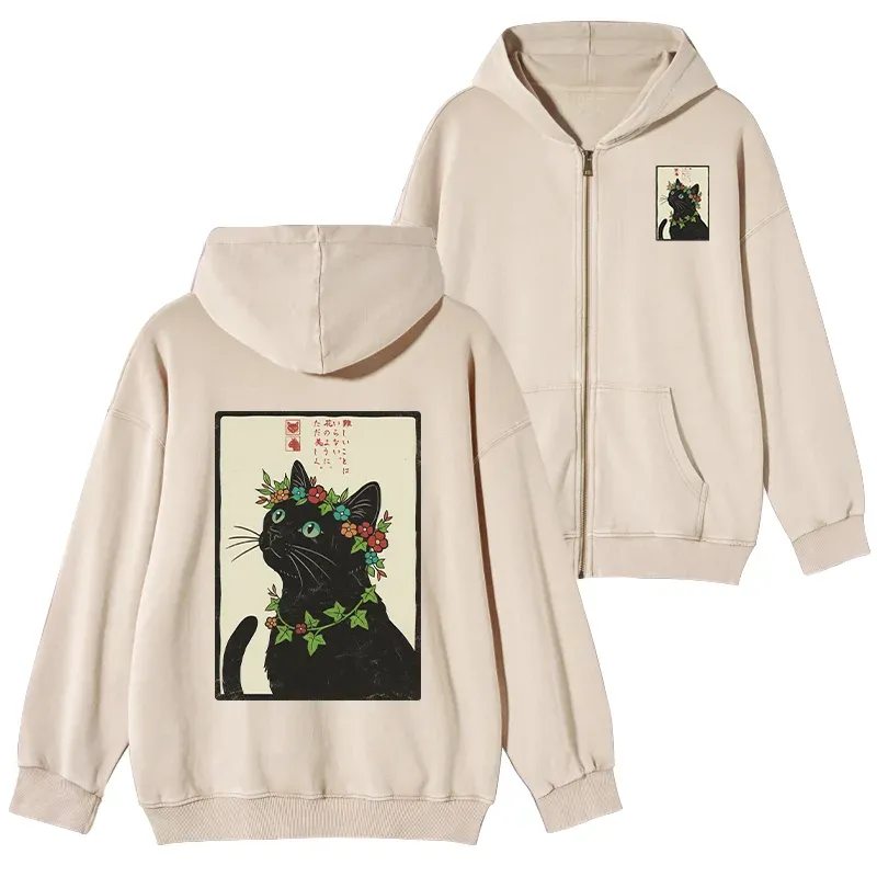Tokyo-Tiger The Flower-Crowned Cat Washed Zip Hoodie