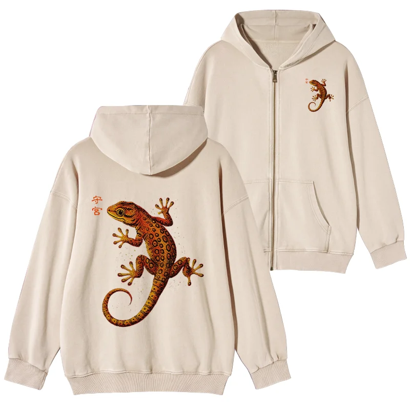 Tokyo-Tiger Retro Gecko Funny Washed Zip Hoodie