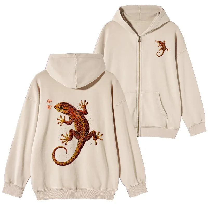 Tokyo-Tiger Retro Gecko Funny Washed Zip Hoodie