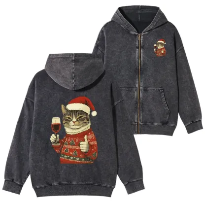 Tokyo-Tiger Christmas Cat Likes Washed Zip Hoodie