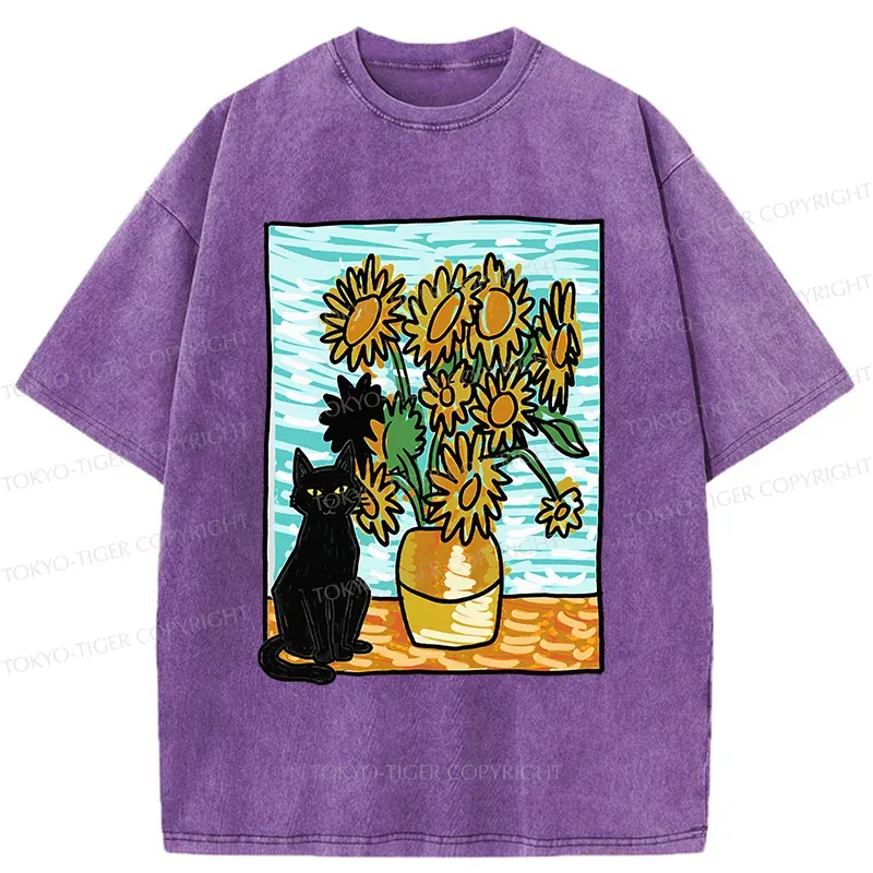 Tokyo-Tiger Black Cat And Sunflower Washed T-Shirt
