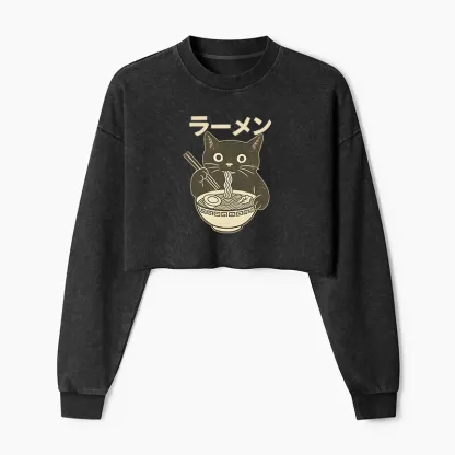 Tokyo-Tiger Simple Black Cat Eating Ramen Washed Crop Sweatshirt