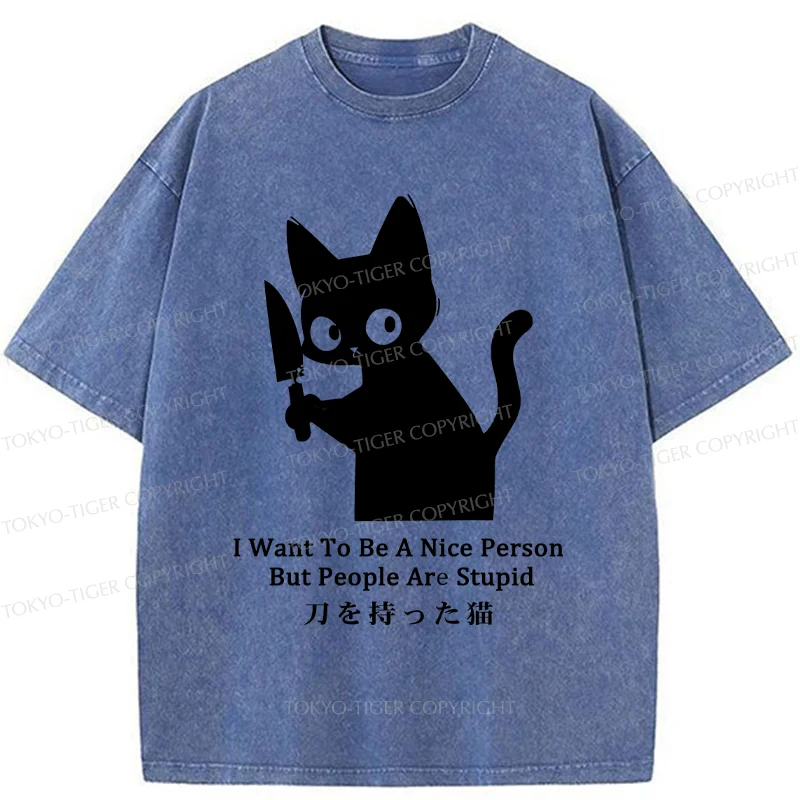 Tokyo-Tiger Black Cat With A Knife Washed T-Shirt