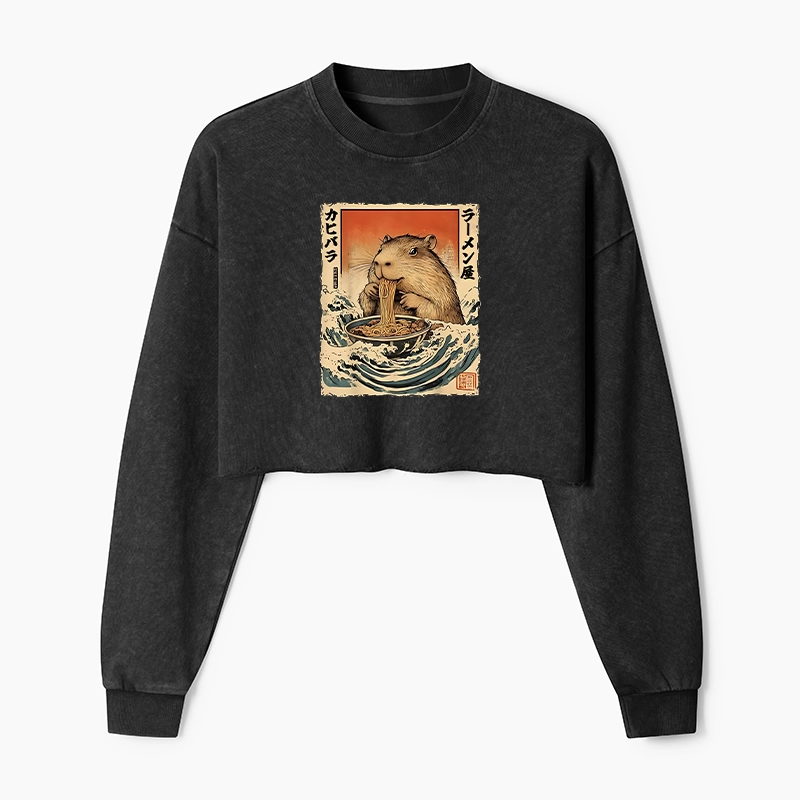Tokyo-Tiger Hamster Eating Ramen Washed Crop Sweatshirt