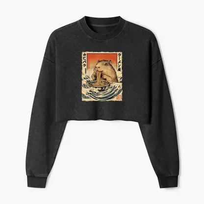 Tokyo-Tiger Hamster Eating Ramen Washed Crop Sweatshirt
