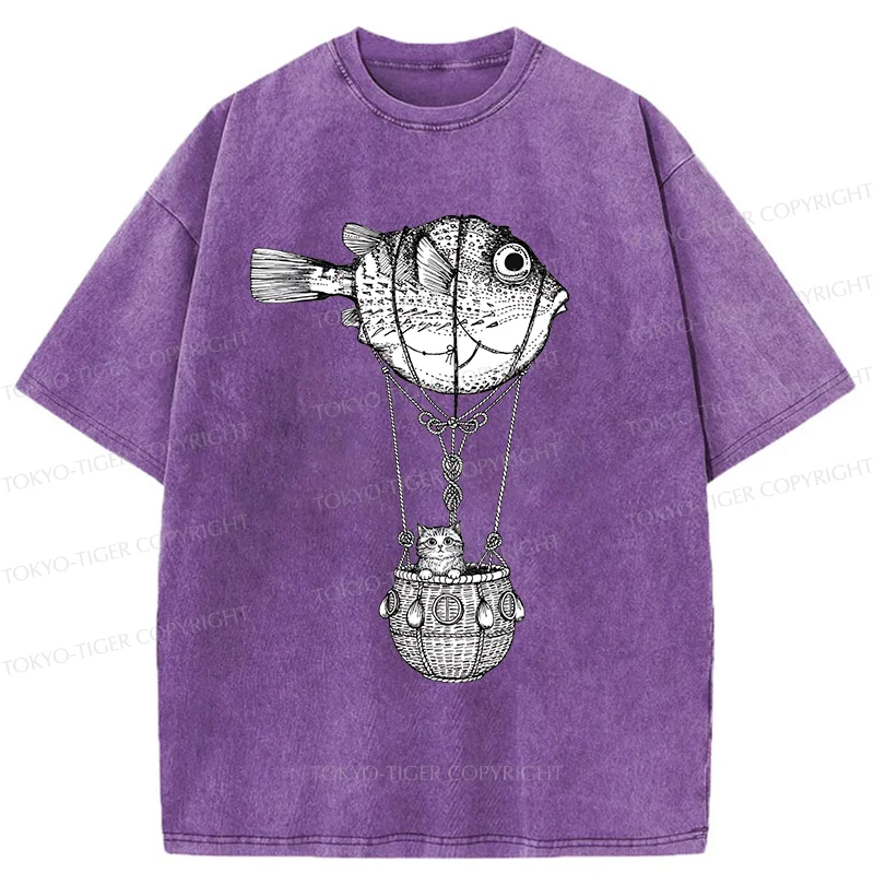 Tokyo-Tiger Pufferfish Motorboat Washed T-Shirt