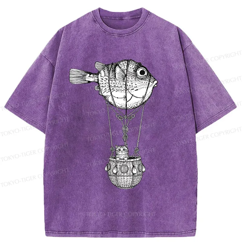 Tokyo-Tiger Pufferfish Motorboat Washed T-Shirt