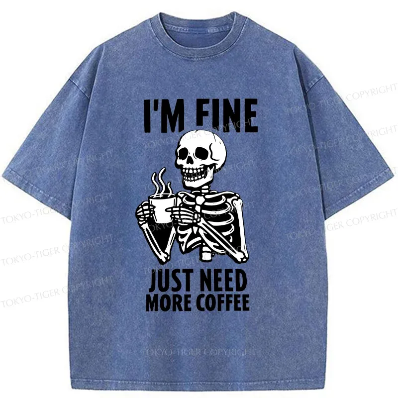 Tokyo-Tiger Skeleton Drinking Coffee Washed T-Shirt