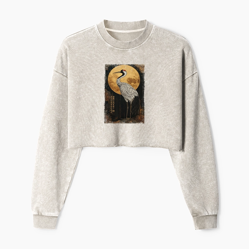 Tokyo-Tiger Vintage Japanese Crane Kanji Washed Crop Sweatshirt