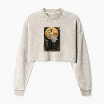 Tokyo-Tiger Vintage Japanese Crane Kanji Washed Crop Sweatshirt