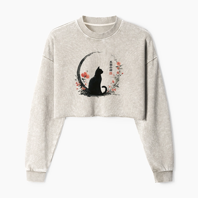 Tokyo-Tiger Black Cat And Flowers Washed Crop Sweatshirt