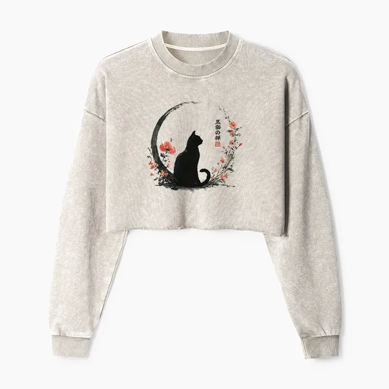 Tokyo-Tiger Black Cat And Flowers Washed Crop Sweatshirt