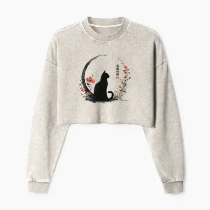 Tokyo-Tiger Black Cat And Flowers Washed Crop Sweatshirt