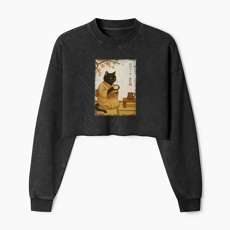 Tokyo-Tiger Cat Heart Full Of Coffee Washed Crop Sweatshirt