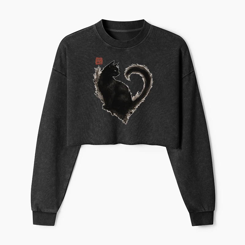 Tokyo-Tiger Funny Heart-Shaped Ink Cat Washed Crop Sweatshirt