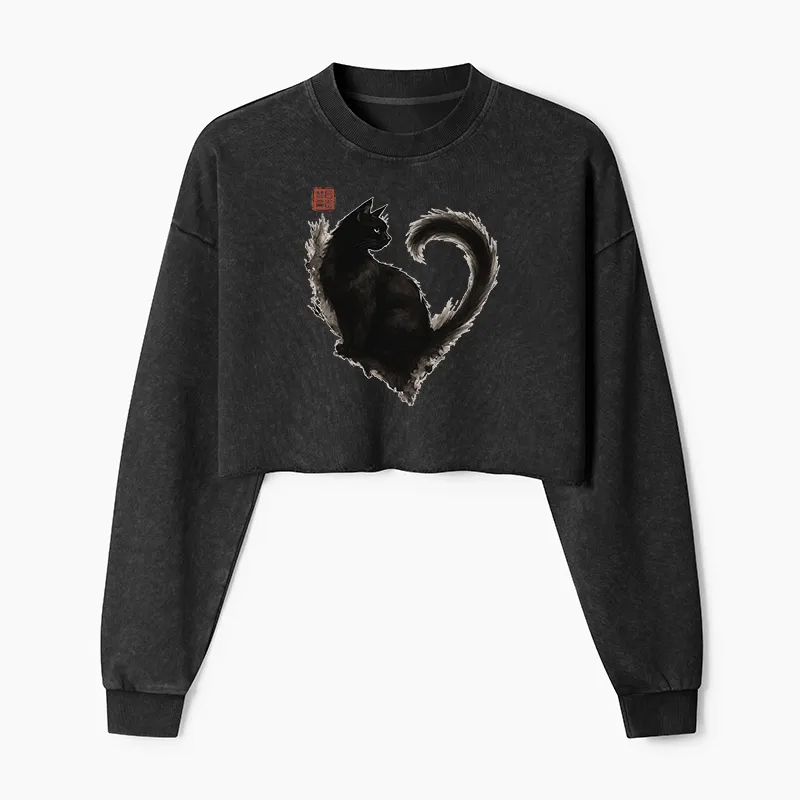 Tokyo-Tiger Funny Heart-Shaped Ink Cat Washed Crop Sweatshirt