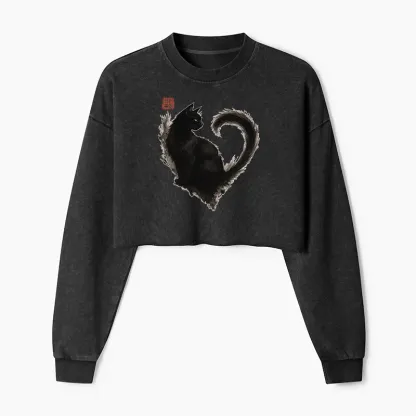 Tokyo-Tiger Funny Heart-Shaped Ink Cat Washed Crop Sweatshirt