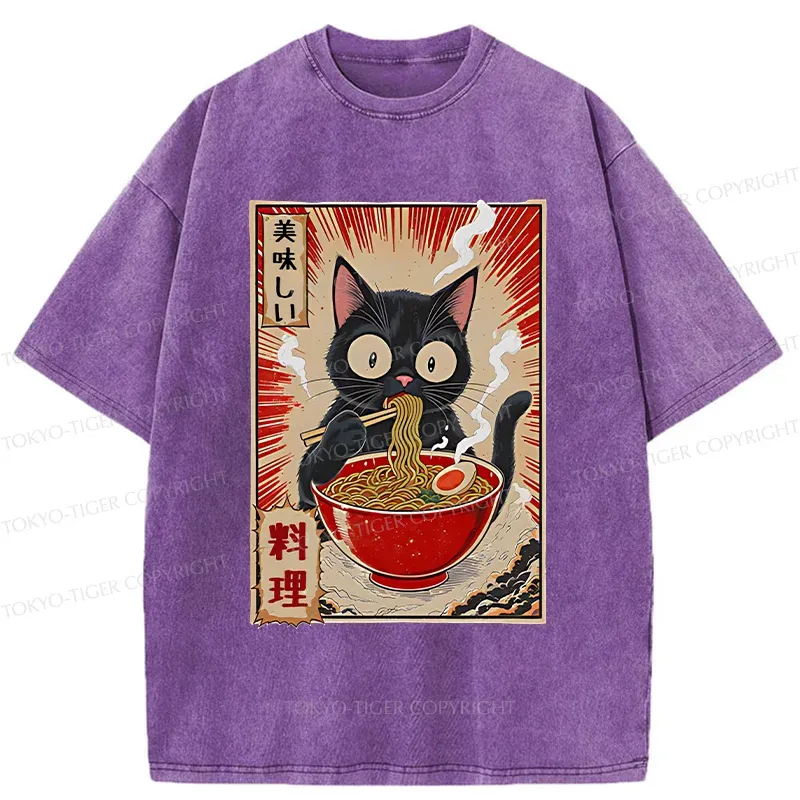 Tokyo-Tiger Black Cat Eating Ramen Comic Washed T-Shirt