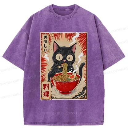 Tokyo-Tiger Black Cat Eating Ramen Comic Washed T-Shirt