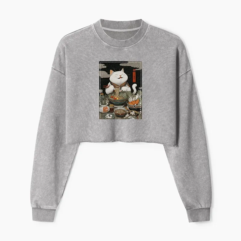 Tokyo-Tiger The Ramen-Loving Cat Washed Crop Sweatshirt