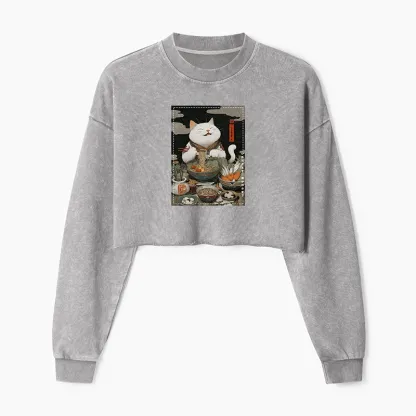 Tokyo-Tiger The Ramen-Loving Cat Washed Crop Sweatshirt