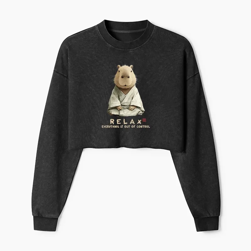 Tokyo-Tiger Zen Capybara：Relax, it's all chaos Washed Crop Sweatshirt