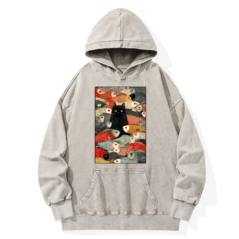 Tokyo-Tiger Cats And Fish Washed Hoodie