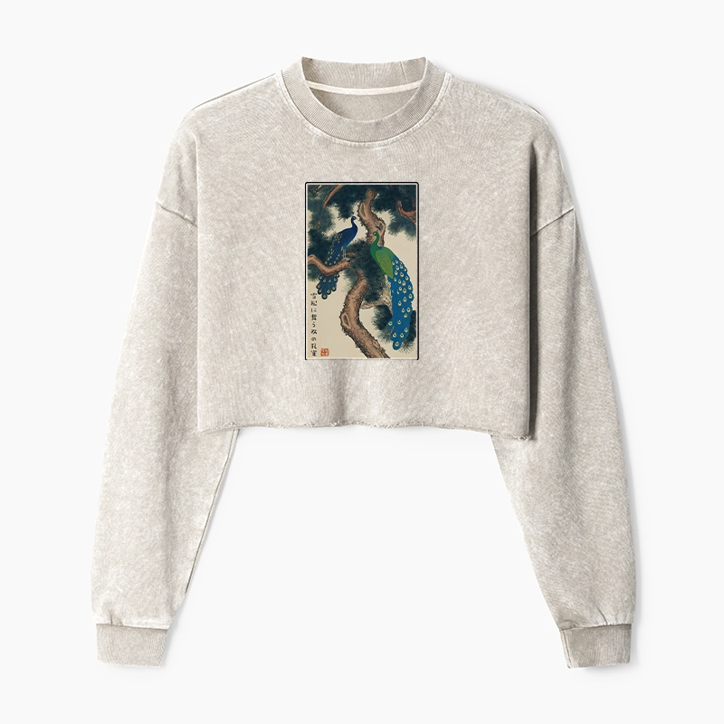 Tokyo-Tiger Peacocks in Snowy Pines Washed Crop Sweatshirt