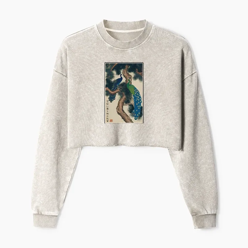 Tokyo-Tiger Peacocks in Snowy Pines Washed Crop Sweatshirt