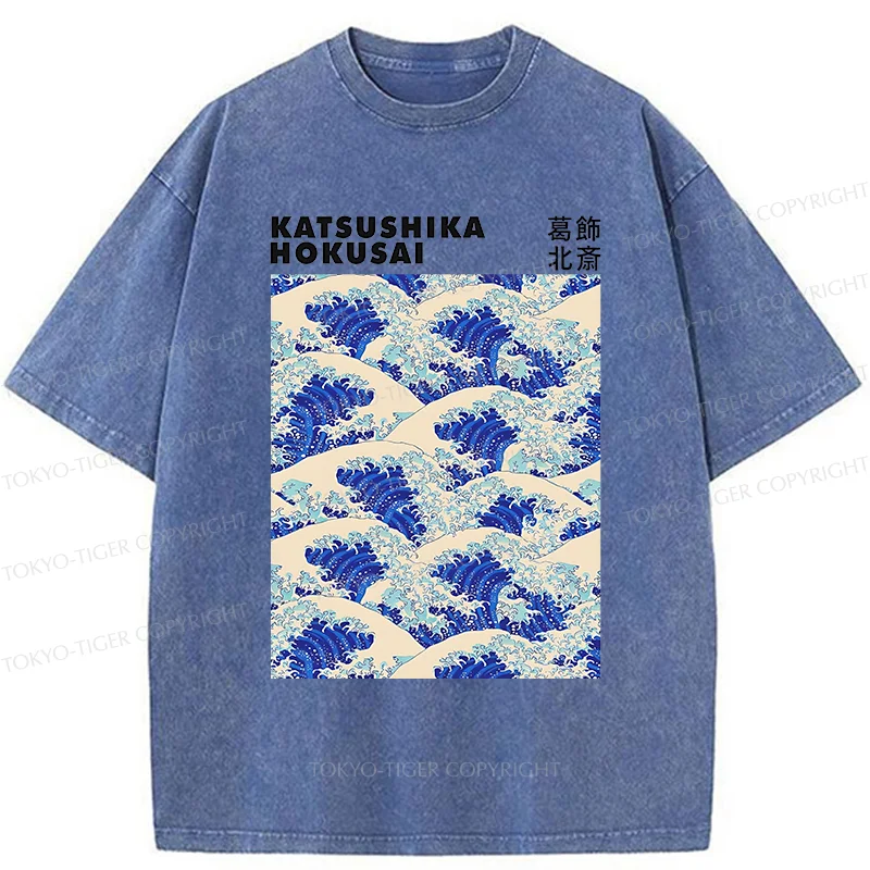 Tokyo-Tiger Ukiyo-e Wave Poster Washed T-Shirt