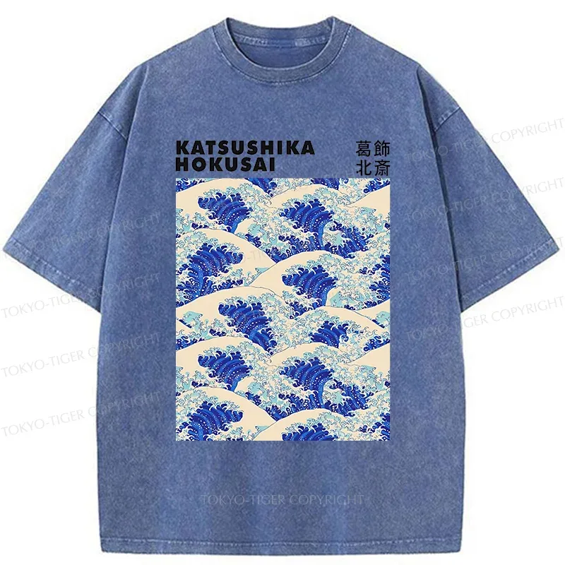 Tokyo-Tiger Ukiyo-e Wave Poster Washed T-Shirt