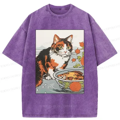 Tokyo-Tiger Cat Watching Koi Washed T-Shirt