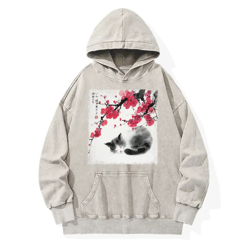 Tokyo-Tiger Ink Wash Painting: A Cat Lying Flat Under The Tree Washed Hoodie