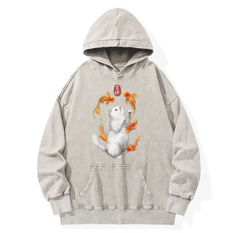 Tokyo-Tiger Zen Cat And The Dancing Fish Washed Hoodie