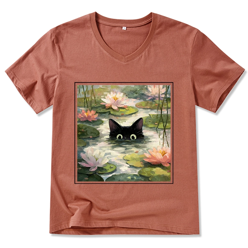 Tokyo-Tiger Black Cat and Lotus Flower V-Neck Classic T-Shirt