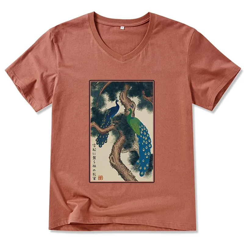 Tokyo-Tiger Peacocks in Snowy Pines V-Neck Classic T-Shirt