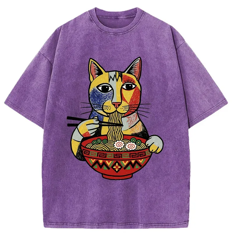 Tokyo-Tiger Abstract Cat Eating Ramen Washed T-Shirt