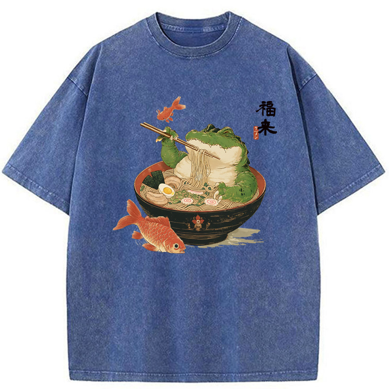 Tokyo-Tiger Fat Crocodile Eating Ramen Washed T-Shirt