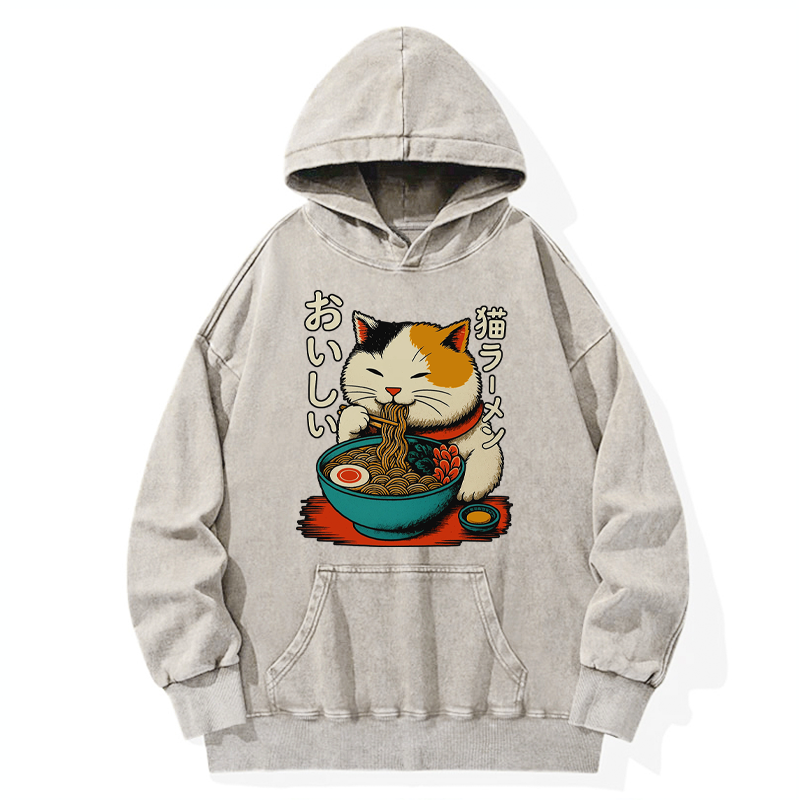Tokyo-Tiger Cute Eat Eating Japanese Ramen Washed Hoodie