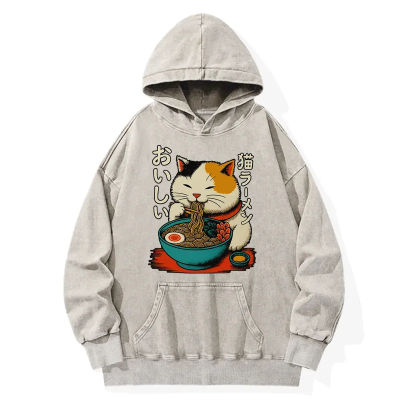 Tokyo-Tiger Cute Eat Eating Japanese Ramen Washed Hoodie